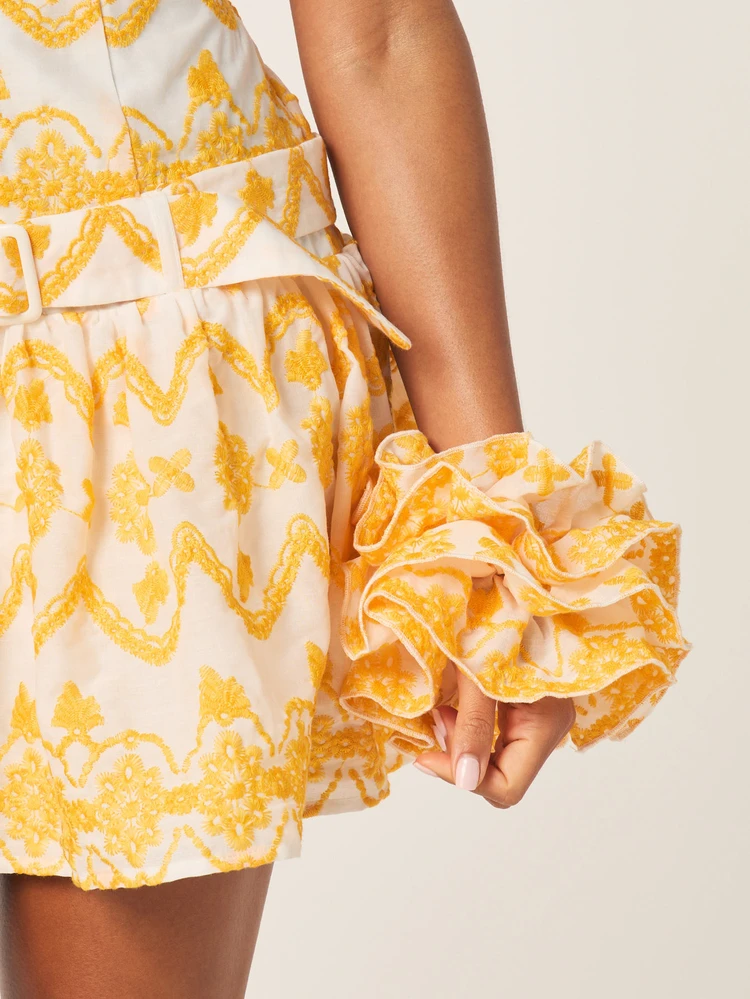 MISSGUIDED Broderie Anglaise Mini Dress With Belt Detail Low Rise Seam Yellow White Eyelet Summer Casual