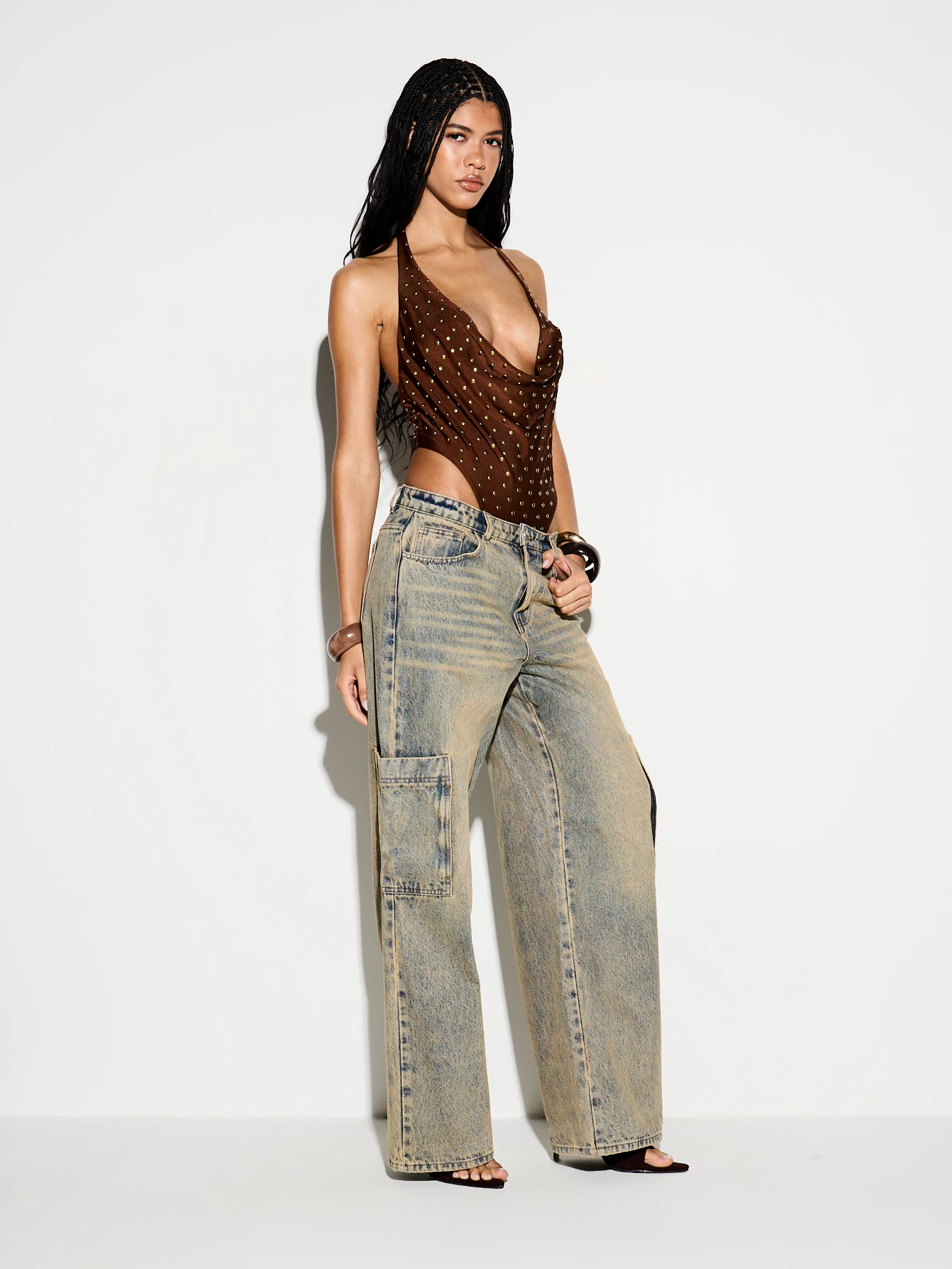 KIZN Brown Studded Cowl Neck Halter Bodysuit