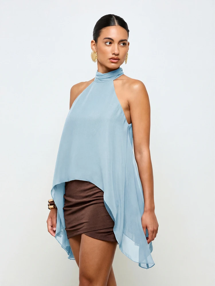 Halter Neck Sleeveless Waterfall Hem Blouse