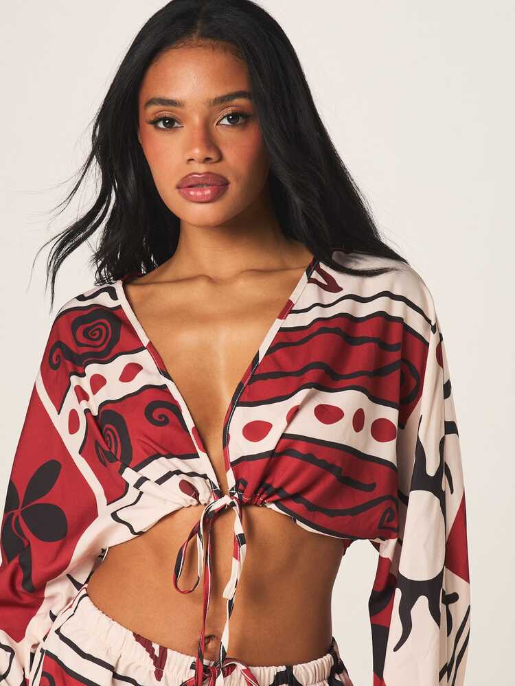MISSGUIDED Abstract Print Long Sleeve Tie Front Crop Top And High Waist Shorts Two Piece Set Summer Festival Co Ord Vacation Outfit