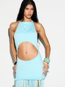KIZN Turquoise Halter Neck Maxi Dress With Twist Detail Cut Out Waist And Fringe Hem Elegant Summer Evening - Blue - View 4