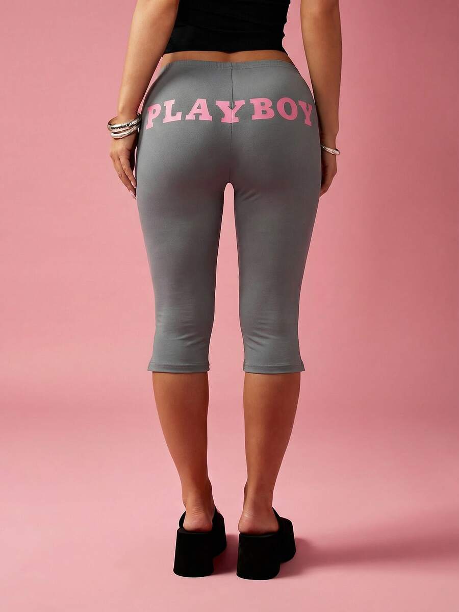 Missguided x Playboy Quần legging lửng có logo, họa tiết in màu hồng và kiểu dáng ôm sát, thích hợp cho trang phục thường ngày. - Xám - Xem 1
