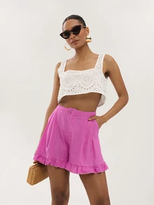 Dancing Leopard Pink High Waisted Pleat Ruffle Short, Shorts For Women, Summer Outfits For Women, Holiday Outfits, Beach Outfits For Women, Vacation Outfits Women - Hot Pink - View 3