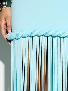 KIZN Turquoise Halter Neck Maxi Dress With Twist Detail Cut Out Waist And Fringe Hem Elegant Summer Evening - Blue - View 6