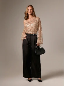 AiiRZ Sequin Tassel Mesh One Shoulder Party Top For Evening Events And Holiday Celebrations - Champagne - View 3