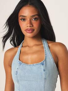 MISSGUIDED Áo yếm denim ôm sát, xẻ tà, bạc màu, không tay, phong cách thường ngày, lễ hội, đường phố, mùa hè. - Màu xanh nhạt - Xem 4