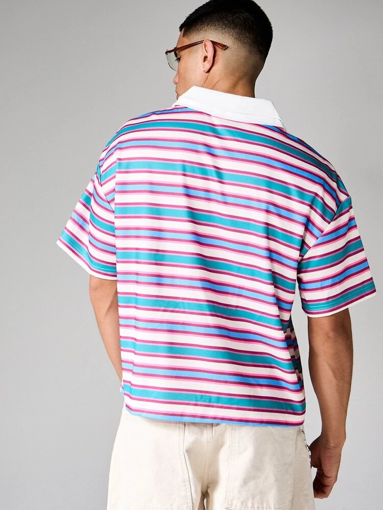 Camisa Polo de Listras Horizontais Coloridas com Gola Branca, Manga Curta, Estilo Casual e Preppy de Verão