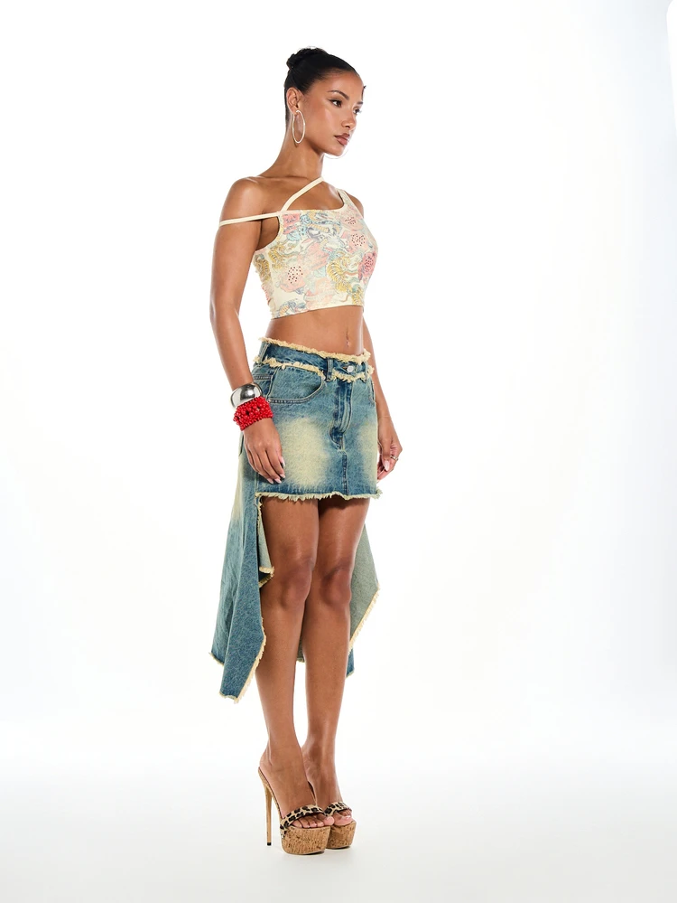 SUMWON WOMEN Retro Crop Top mit Blumendruck, Schulterfreiem Design und Ausschnitten, inspiriert vom Vintage-Sommer-Festival