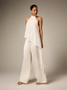 AiiRZ Elegant Halter Neck Asymmetric Flowing Chiffon Top Sleeveless Summer Blouse For Special Occasions Formal Events - Cream - View 3