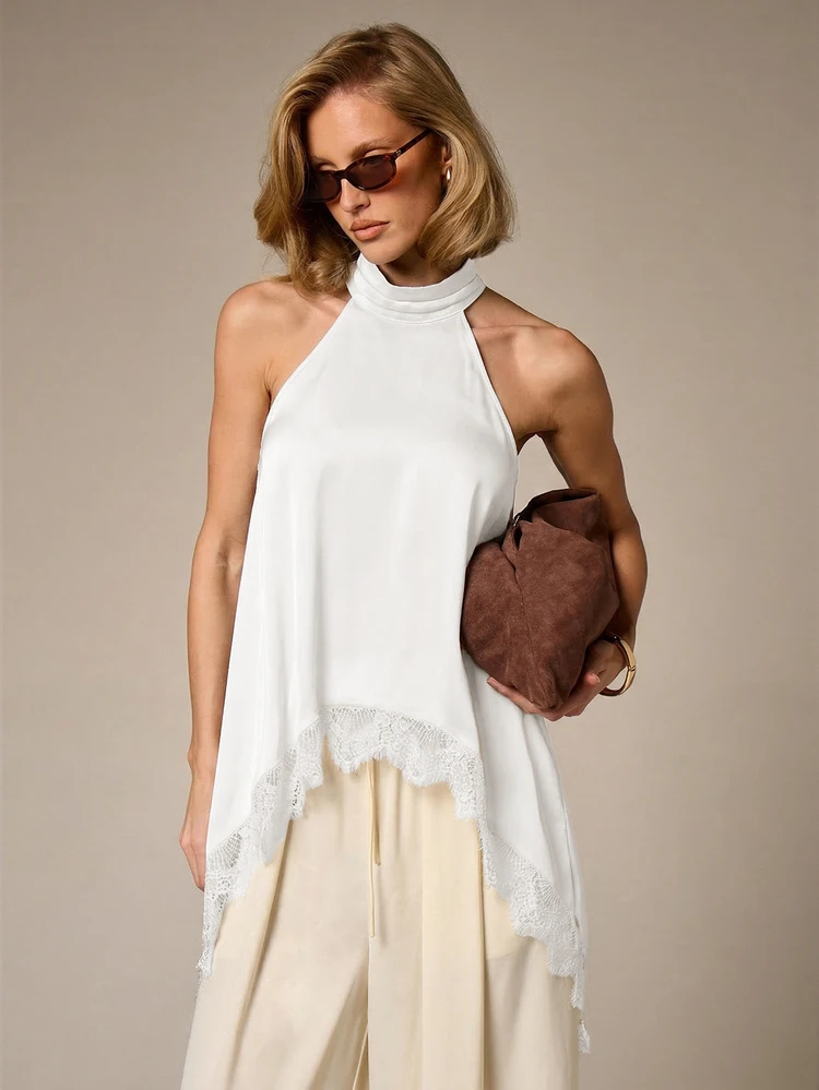 Lace Trim Halterneck Top With Mock Neckline