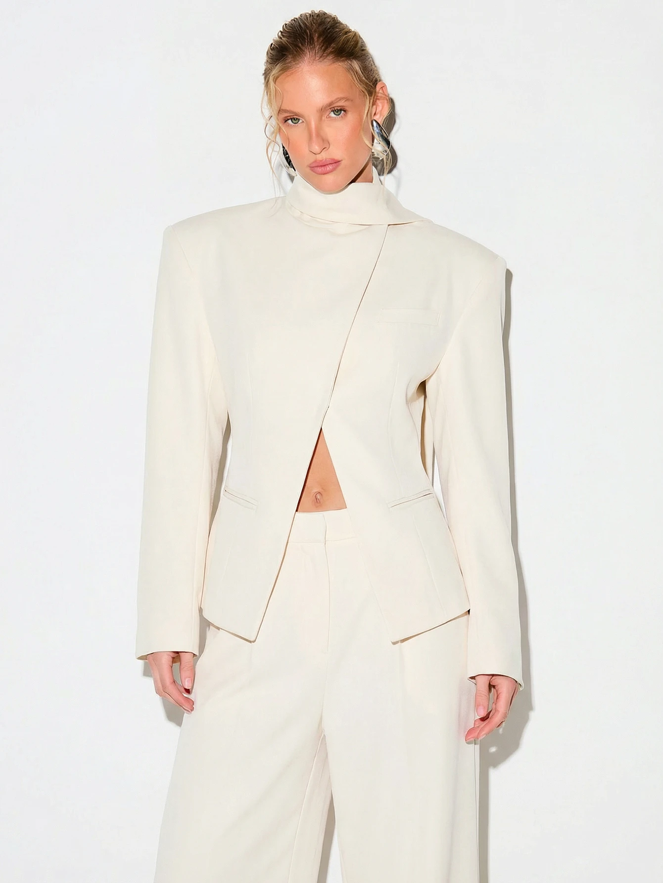 KIZN Shoulder Pad Wrap Neck Blazer With Open Front