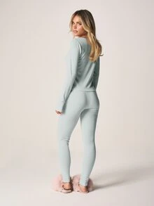 MISSGUIDED Ribbed Pointelle Knit Lounge Set With Button Front Cardigan And Matching Leggings Comfort Loungewear - Blue - View 3