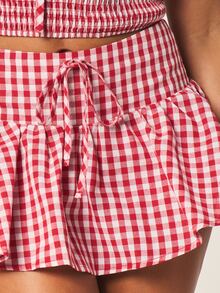 MISSGUIDED Red White Gingham Mini Skirt With High Waist Drawstring Ruffle Hem Summer Flirty Cottage Core Picnic Style Vacation Beach - Red and White - View 5