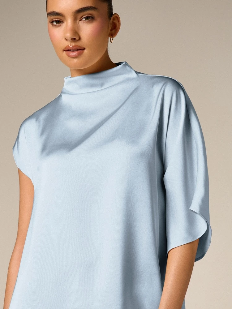 AiiRZ Asymmetric High Low Mock Neck Mini Dress With Drape Detail And Short Sleeves Party Wedding Guest