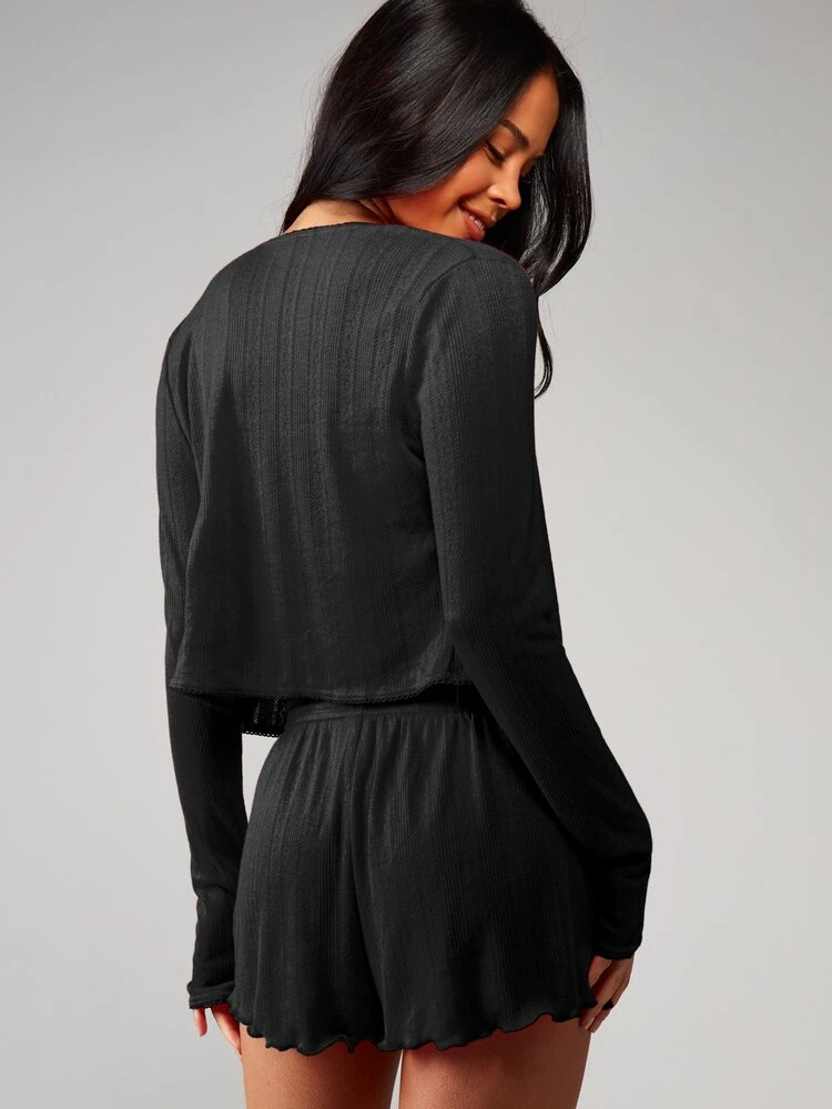 MISSGUIDED Dreiteiliges Pointelle-Strick-Loungewear-Set mit geripptem Trägertop, Cardigan und Shorts, gemütliche Loungewear