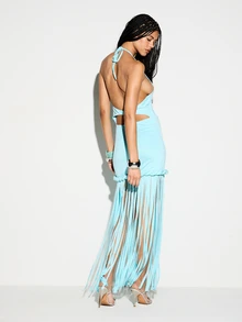 KIZN Turquoise Halter Neck Maxi Dress With Twist Detail Cut Out Waist And Fringe Hem Elegant Summer Evening - Blue - View 3