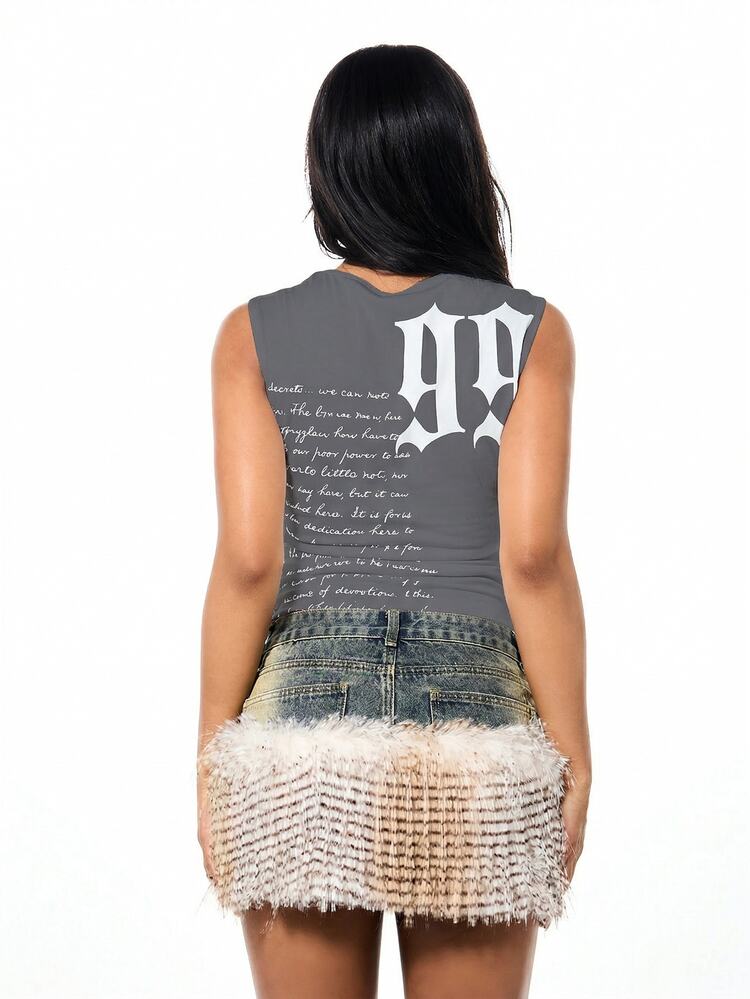 SUMWON WOMEN Cut Out Stud Detail Graphic Tank Top With Script Print And Gothic Font Numbers