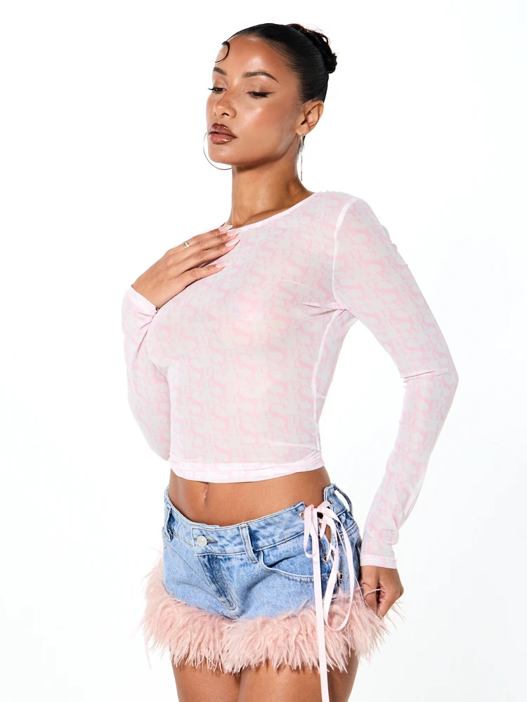 SUMWON WOMEN Long Sleeve Pink Polka Dot Mesh Crop Top With Side Tie Detail For Layering Outfits