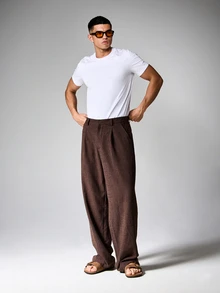 SUMWON Wide Leg Basketweave Suit Pants With Pleated Front And Tailored Waistband For Business Professional Formal Office Work - Coffee Brown - View 3
