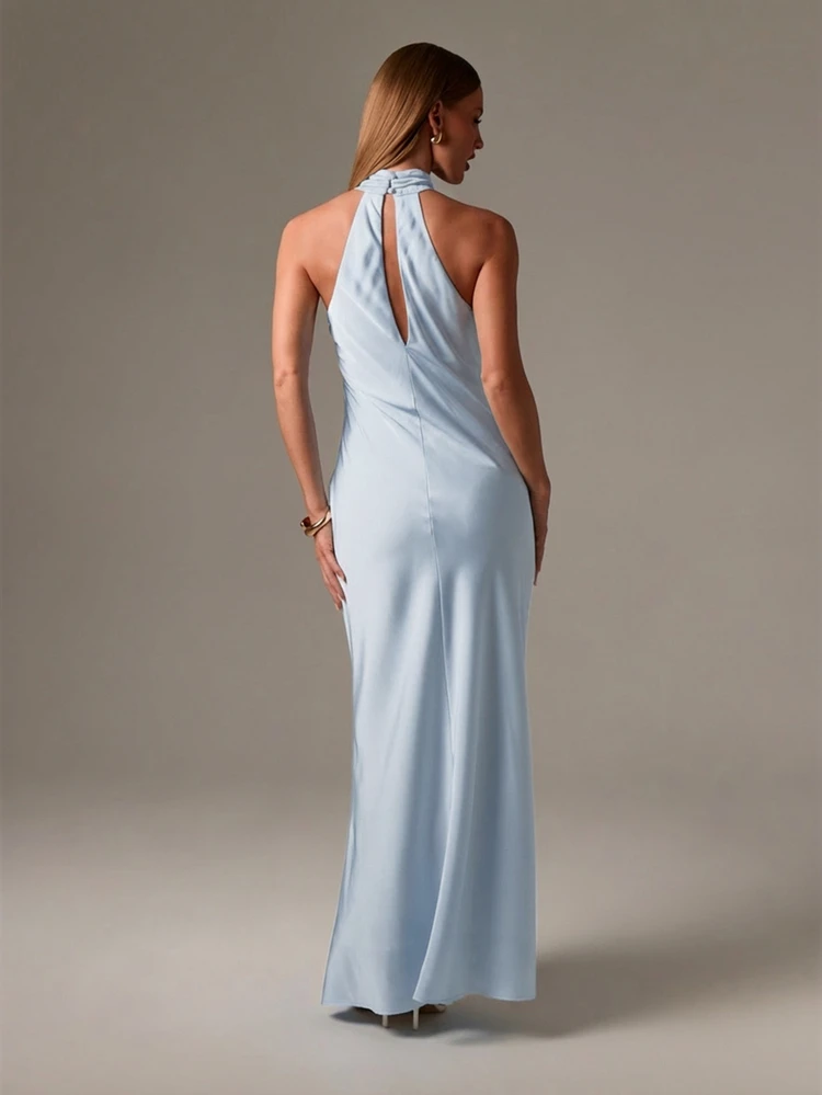 AiiRZ Halter Neck Satin Floor Length Gown