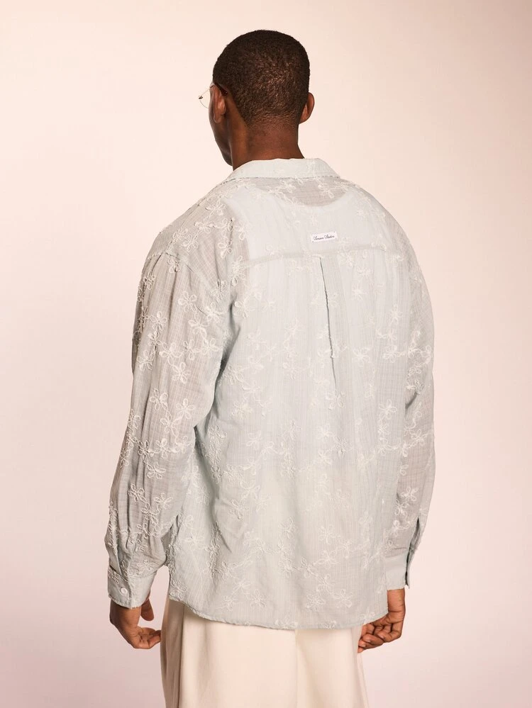 Relaxed Fit Long Sleeve Embroidered Resort Shirt Button Down Collared Top With All Over Floral Pattern For Vacation Casual Wear