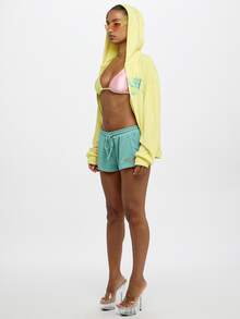 SUMWON WOMEN Quần short bó sát họa tiết Miami, có dây rút ở eo và thiết kế in hình Miami. - Màu xanh bạc hà - Xem 8