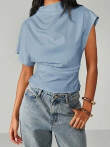MISSGUIDED 高领短袖修身上衣，宽松垂坠廓形，休闲日常必备单品 - 藍色 - 查看 5