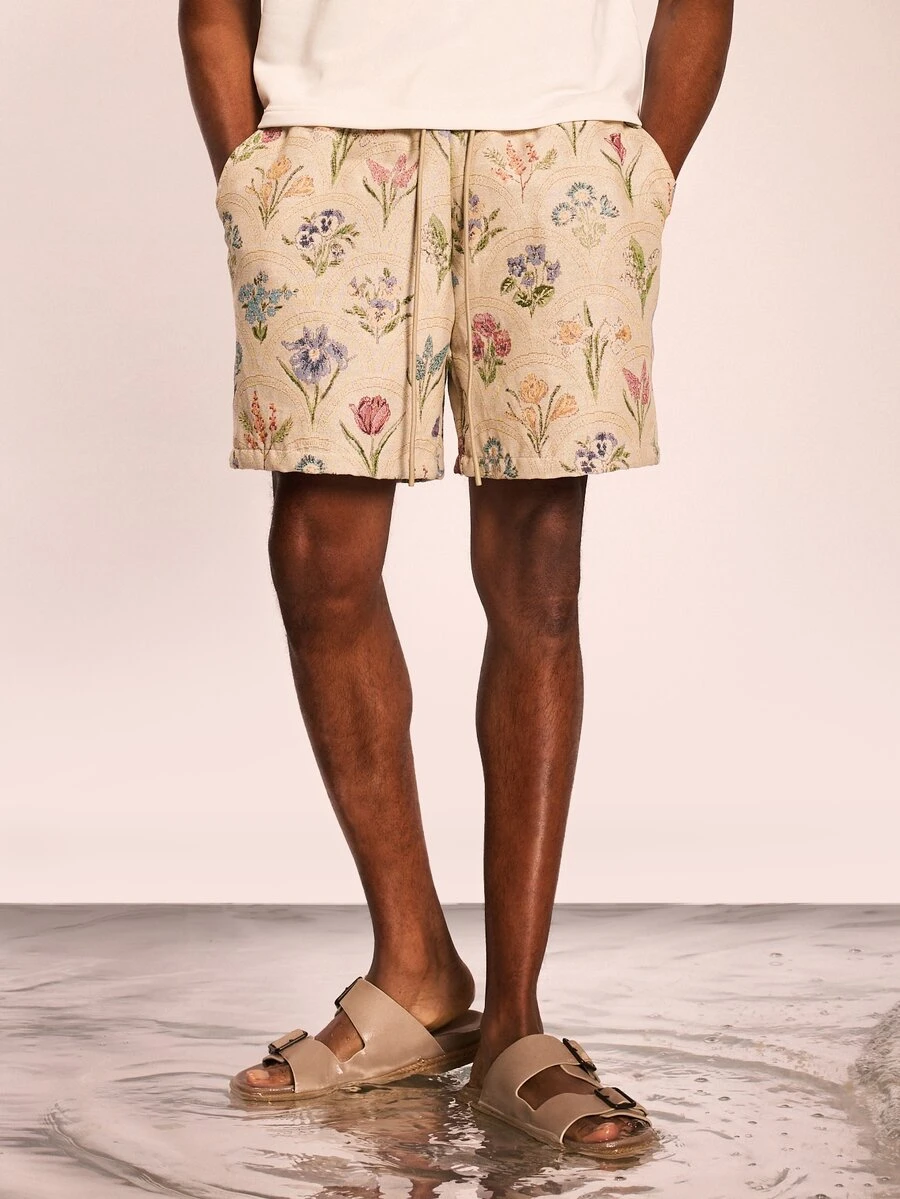 SUMWON Relaxed Fit Pull On Tapestry Floral Print Shorts With Drawstring Waist Summer Beach Vacation Casual Comfortable Botanical Garden Pattern Elastic Waist Beige Cream - Apricot - View 1