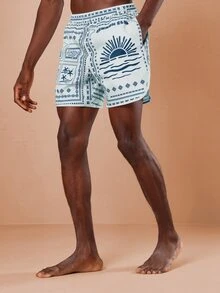 SUMWON Celana Pendek Pantai Motif Bandana Biasa dengan Tali Serut di Pinggang Motif Matahari Terbenam, Celana Renang Musim Panas Motif Ombak Laut - Biru - View 2