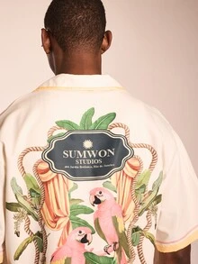 SUMWON Relaxed Fit Resort Button Down Shirt With Tropical Parrot Print And Brand Logo Short Sleeve Summer Vacation Beach Wear - Multicolor - View 4