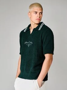 SUMWON Polo tricoté décontracté à coupe boîte avec raquettes de tennis brodées, col et poignets à rayures contrastées, texture douce - Vert - Voir 6