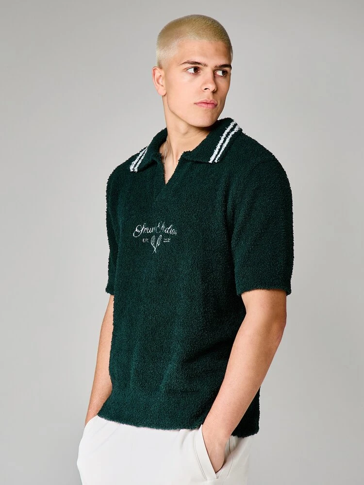 Casual Box Fit Embroidered Tennis Rackets Polo Knit Top With Contrast Stripe Collar And Cuffs Fuzzy Texture