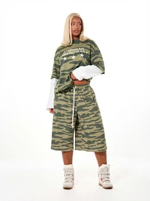 SUMWON WOMEN Camo Rhinestone Wide Leg Cropped Shorts With High Waist And Drawstring Closure For Festival Summer Wear - Army Green - View 3