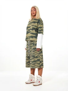 SUMWON WOMEN Camo Rhinestone Wide Leg Cropped Shorts With High Waist And Drawstring Closure For Festival Summer Wear - Army Green - View 5