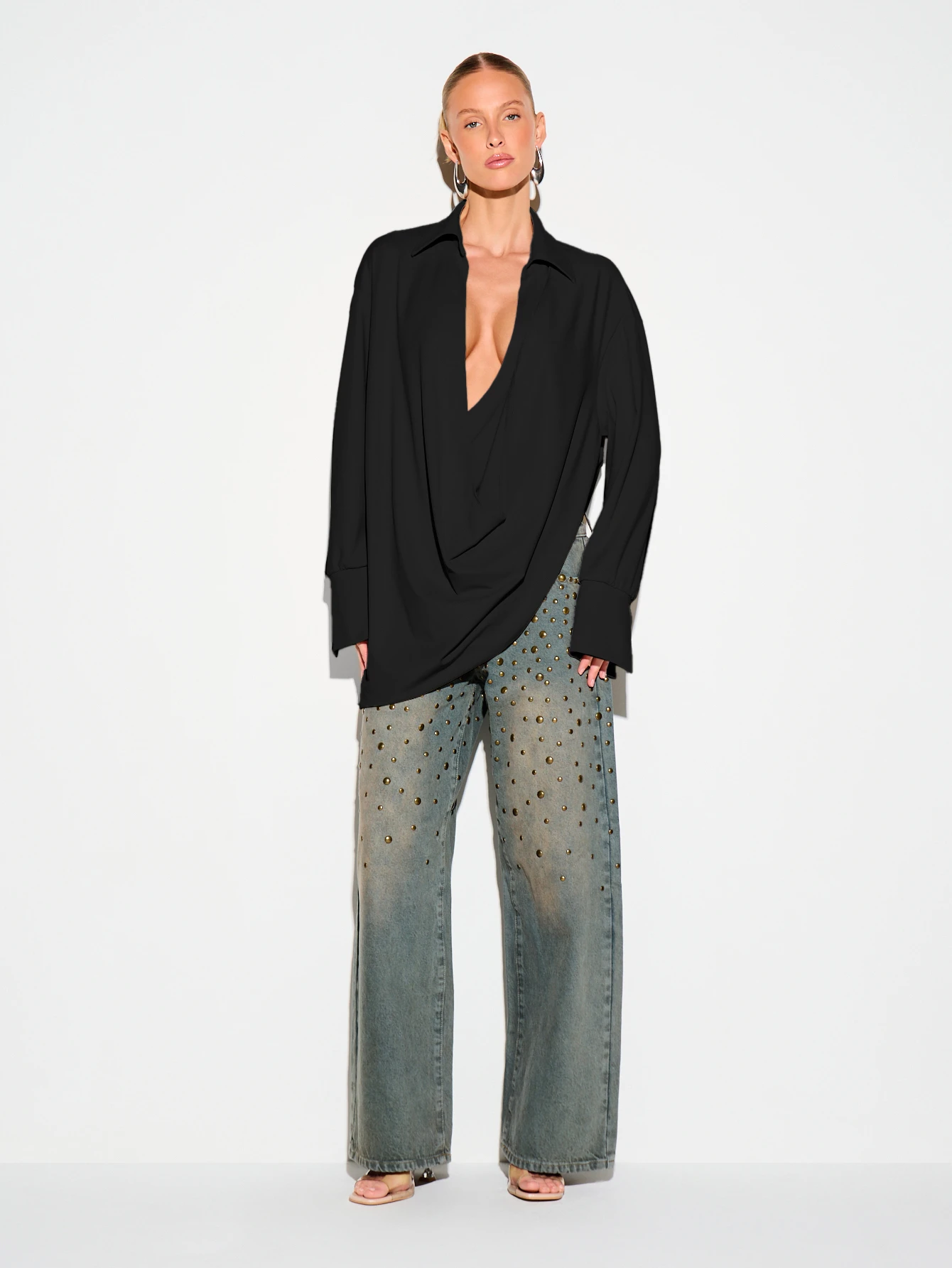 KIZN Cowl Neck Long Sleeve Shirt With Deep Drape