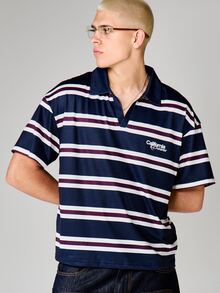 SUMWON Casual Box Fit Striped Polo Shirt With Short Sleeves And California Dreams Embroidered Logo Summer Everyday Wear - Blue - View 1