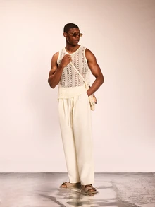 SUMWON Relaxed Fit Pull On Textured Resort Pants Casual Drawstring Wide Leg Summer Vacation Beach Lounge Lightweight Breathable Comfort - Apricot - View 3