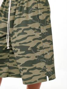 SUMWON WOMEN Camo Rhinestone Wide Leg Cropped Shorts With High Waist And Drawstring Closure For Festival Summer Wear - Army Green - View 4