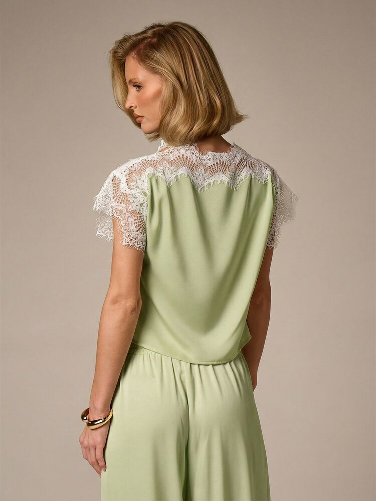 Drop Shoulder Lace Trim Top With Scalloped Neckline
