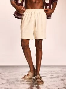 SUMWON Beige shorts med regular fit och textur, sommarbyxor med dragsko, sidofickor och broderad logotyp - Aprikos - Visa 1
