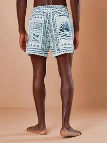 SUMWON Celana Pendek Pantai Motif Bandana Biasa dengan Tali Serut di Pinggang Motif Matahari Terbenam, Celana Renang Musim Panas Motif Ombak Laut - Biru - View 3