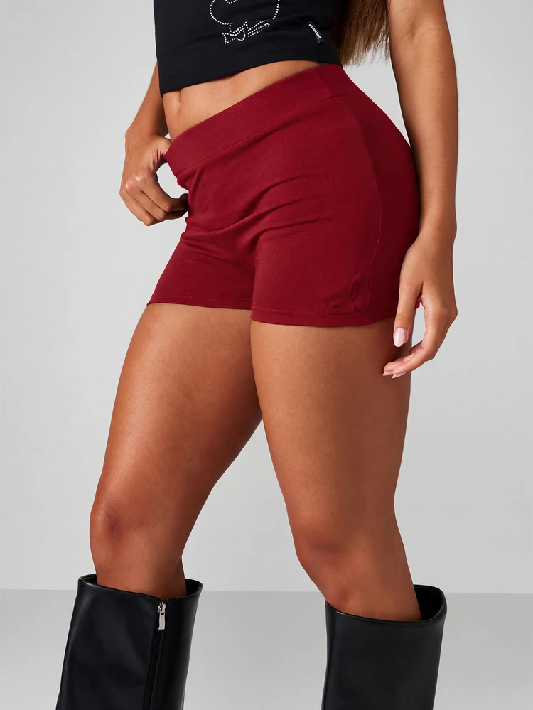 Missguided x Playboy Embossed Logo Booty Shorts With High Rise Waist And Stretchy Fit For Casual Summer Days