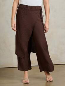 Rouah Quần nữ dáng suông, chất liệu crepe dệt họa tiết, cạp chun, thiết kế bất đối xứng, phối thêm chi tiết áo choàng, ống rộng, màu nâu espresso, phong cách avant-garde sang trọng, thích hợp cho bữa tối mùa xuân hè. - Cà phê nâu - Xem 1