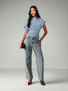 MISSGUIDED 高领短袖修身上衣，宽松垂坠廓形，休闲日常必备单品 - 藍色 - 查看 3