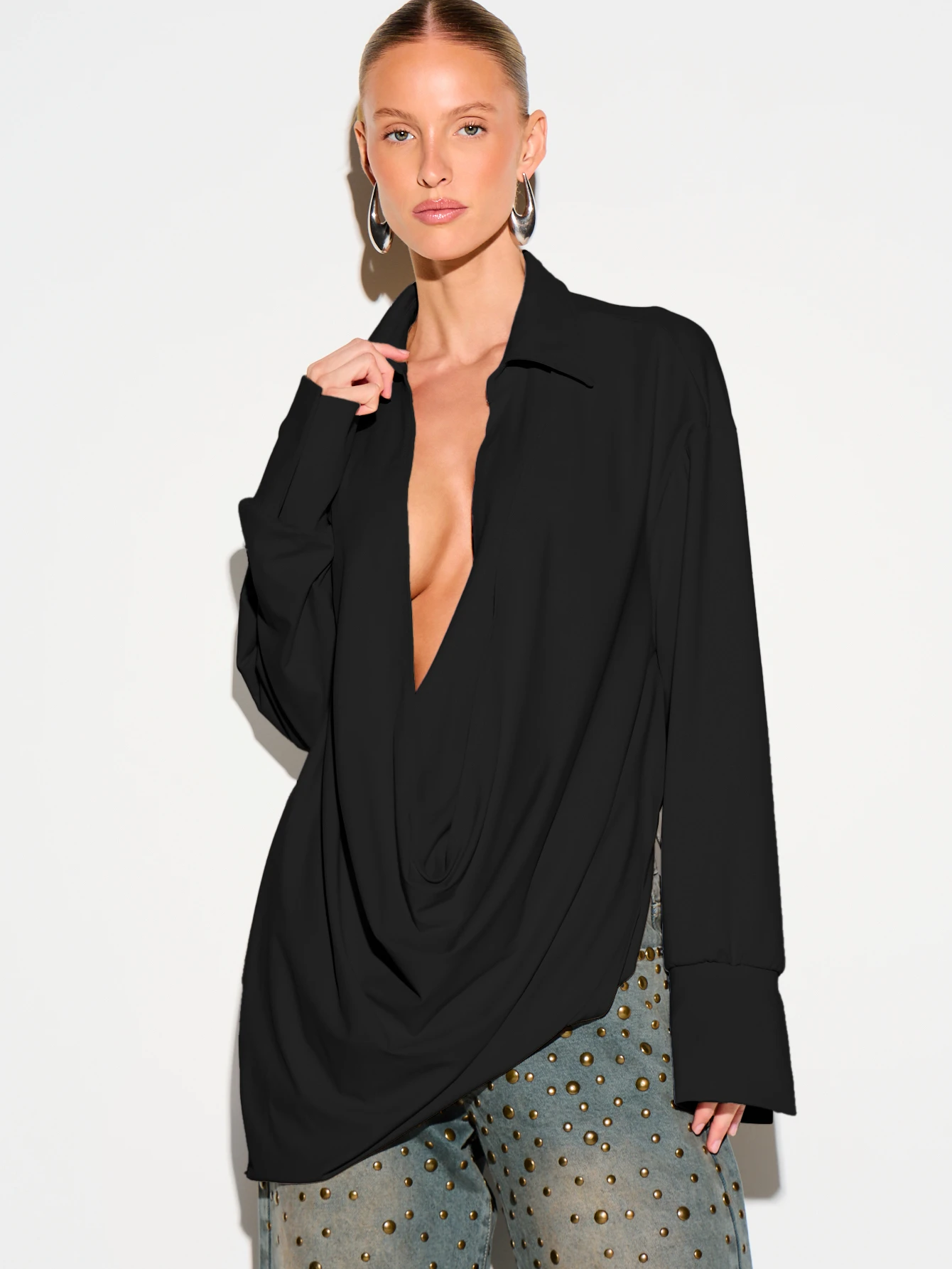 KIZN Cowl Neck Long Sleeve Shirt With Deep Drape