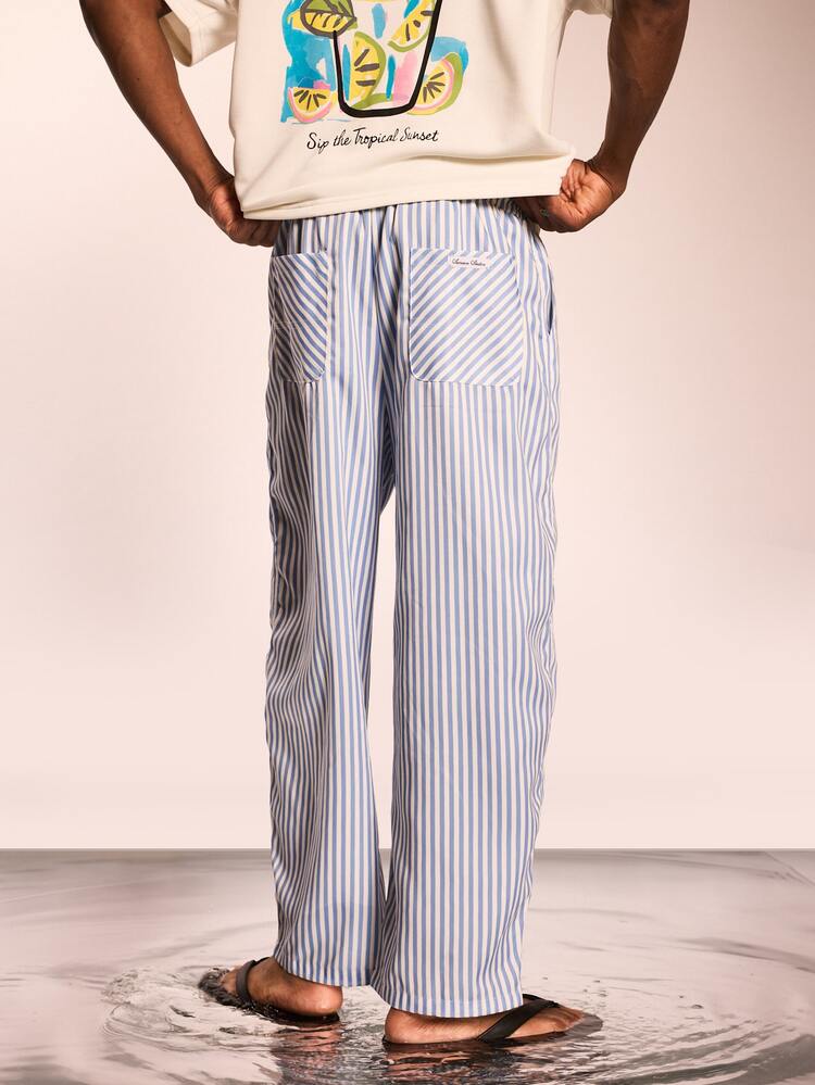 Calça Listrada com Cordão, Ajuste Relaxado, Detalhes Bordados, Verão Casual Confortável, Loungewear com Cós com Cordão