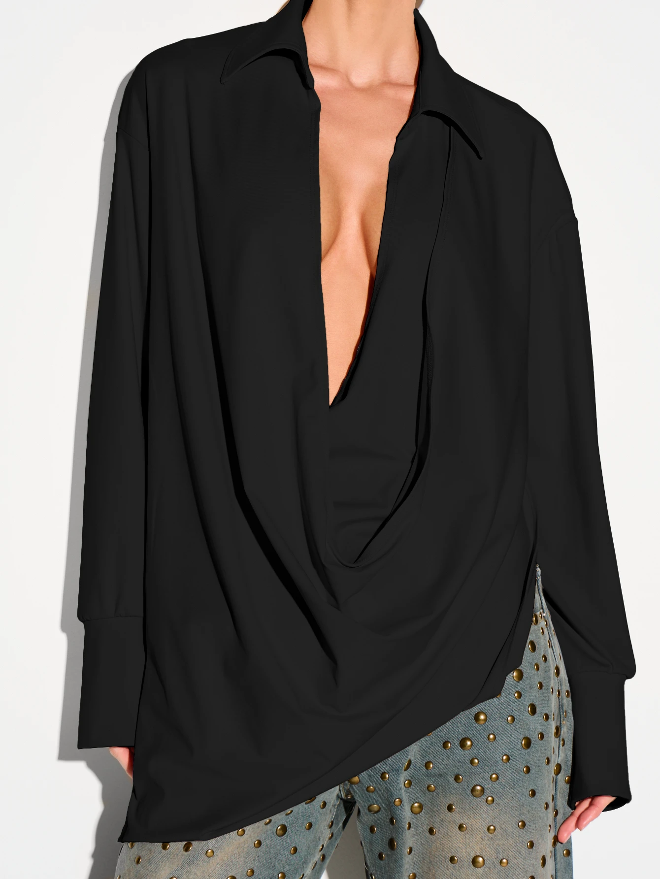 KIZN Cowl Neck Long Sleeve Shirt With Deep Drape