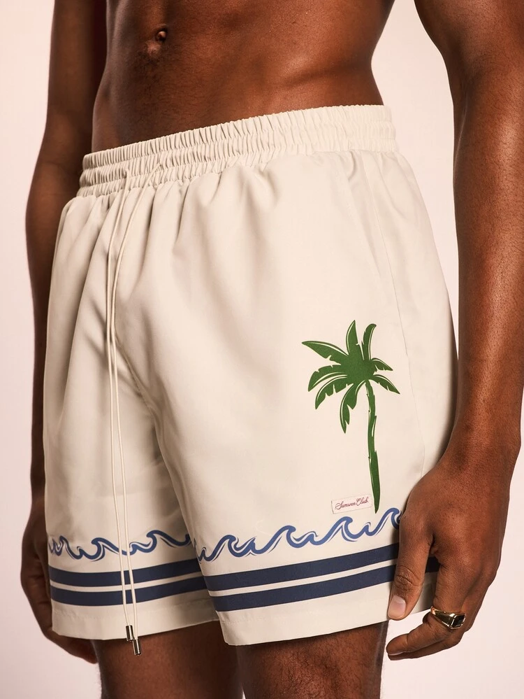 Tropische Strandshorts mit Palmenwellen-Muster, geschwungener Saum, Kordelzug, Sommerferienbadehose, lässige Boardshorts mit entspannter Passform, Beachwear