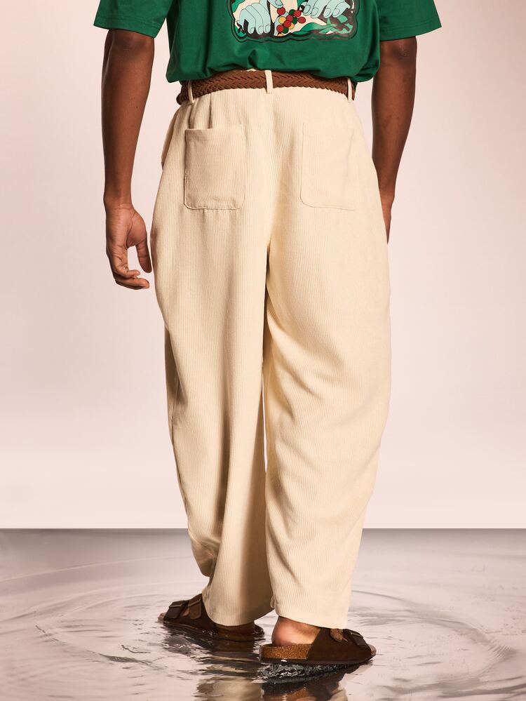 Corduroy Barrel Fit Pleated Pants With Relaxed Wide Leg Style And Elastic Waist For Casual Everyday Wear