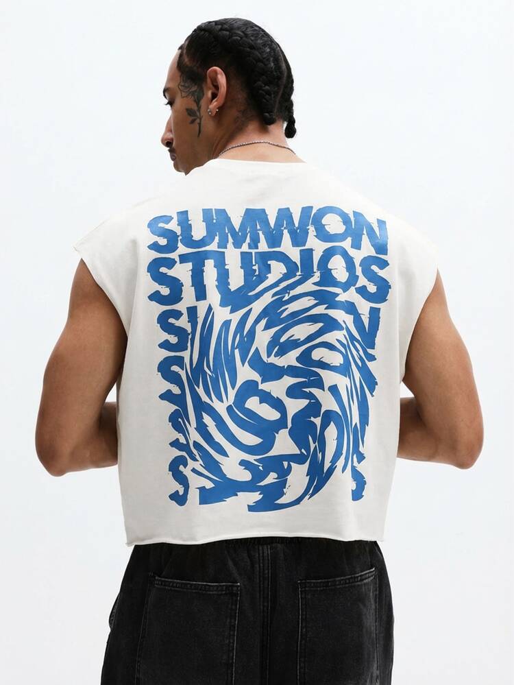 サマースタジオ グラフィック バックタンクトップ ノースリーブ クルーネック コットン カジュアル ストリートウェア ファッショントップス